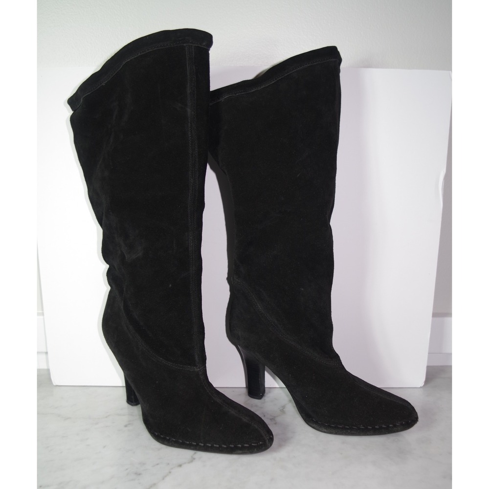 Hot in Hollywood 7W Black Suede Tall Slouchy Boots Leather Pointed Toe Stiletto